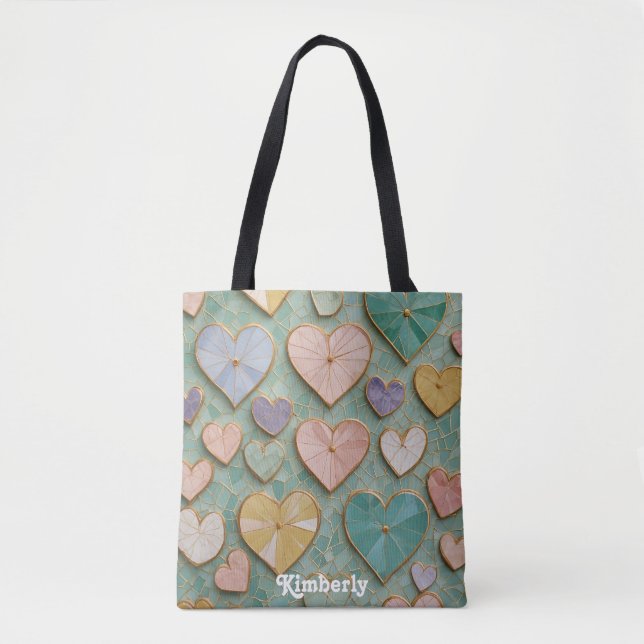 Bolso De Tela Amor Mosaico: Corazones Pastel (Anverso)