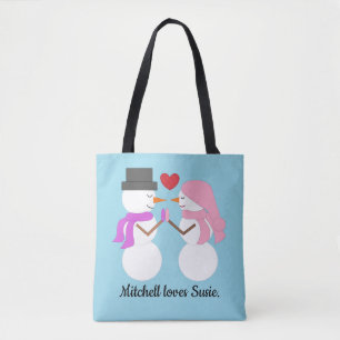 Bolso De Tela Amor y muñecos de nieve: Azul claro
