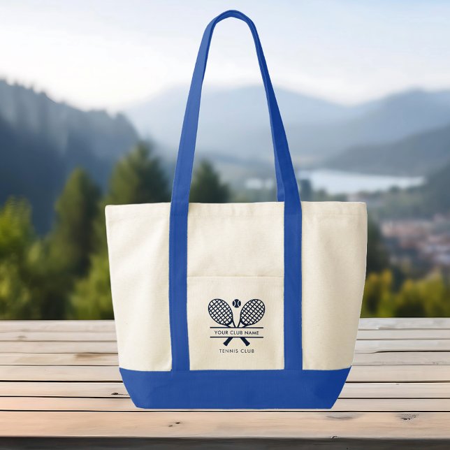 Bolso De Tela Añadir nombre club de equipo de tenis azul de la m (Lawn Tennis Club Rackets Motif Custom Blue Handles Large Tote Bag)
