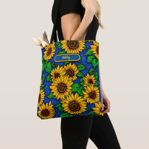 Bolso De Tela Añadir nombre girasoles dorados y hojas en azul os