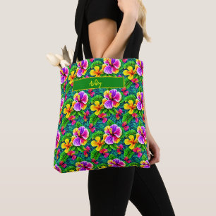 Bolso De Tela Añadir nombre texto tropical hibiscus flor jungla 