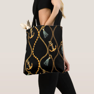 Bolso De Tela Anchores negros y cadenas náuticas