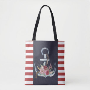 Bolso De Tela Ancla Floral Náutica, Azul Marino, Rayas Rojas