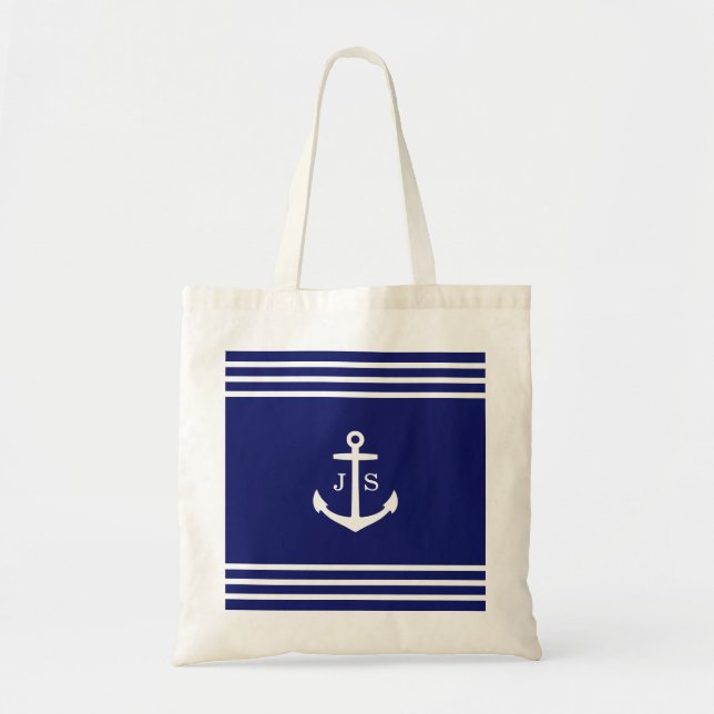 Bolso De Tela Ancla monogramada Nautical (azul) (Frente)