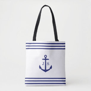 Bolso De Tela Ancla monogramada Nautical (blanco y azul)