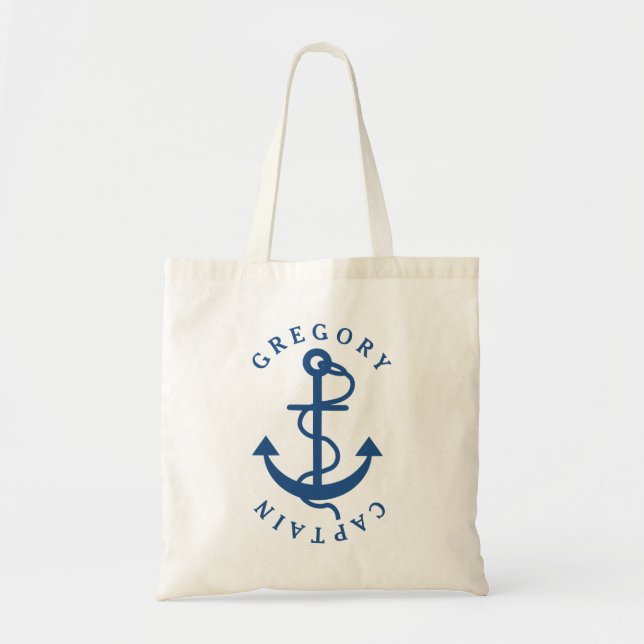 Bolso De Tela Ancla Náutica Azul de la Marina Monogramada (Frente)