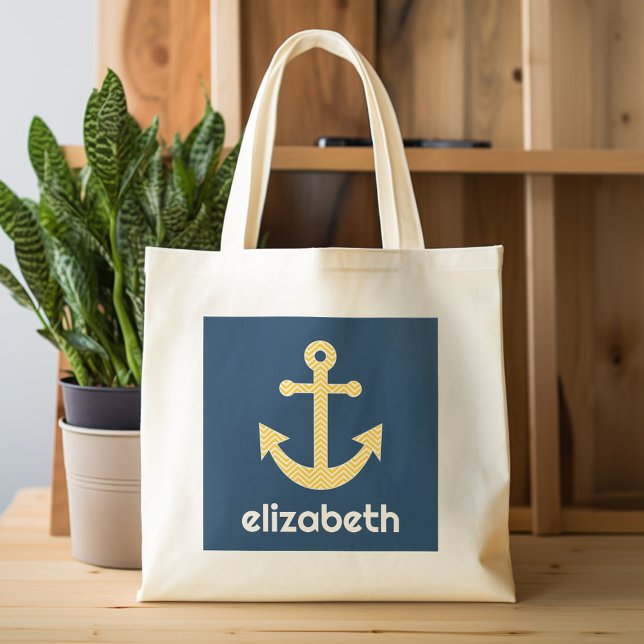 Bolso De Tela Ancla náutica con patrón de cheurón amarillo de la (Personalized tote bag - cute anchor with name)