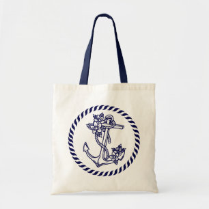 Bolso De Tela Ancla Náutica Floral Azul De La Armada Y Vela