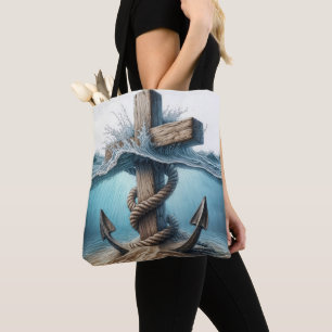 Bolso De Tela Ancla náutica y cruz en agua oceánica