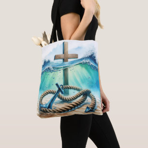 Bolso De Tela Ancla náutica y cruz en agua oceánica