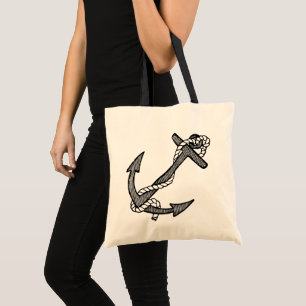 Bolso De Tela Ancla y cuerda vintage en blanco y negro