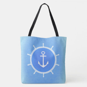 Bolso De Tela Ancla y rueda náutica azul pálido y blanco