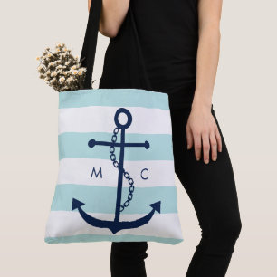 Bolso De Tela Anclaje azul monogramado en franjas de tinta