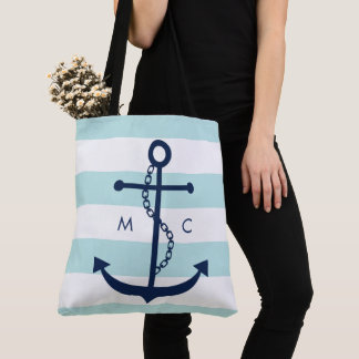 Bolso De Tela Anclaje azul monogramado en franjas de tinta