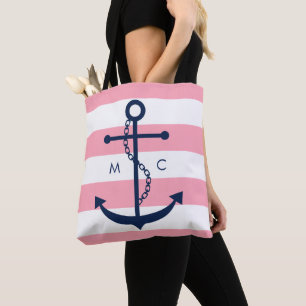 Bolso De Tela Anclaje azul monogramado en franjas rosadas