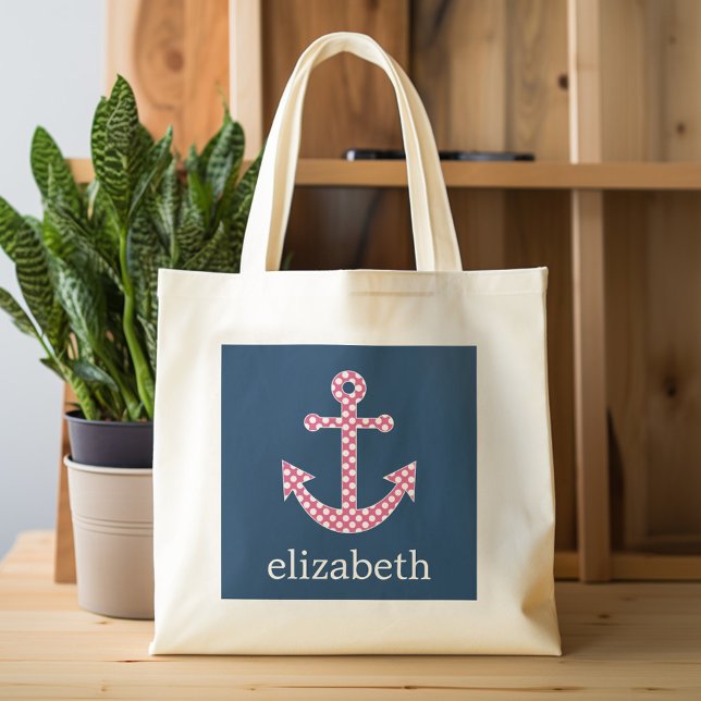 Bolso De Tela Anclaje de puntos de polka rosado con nombre perso (Personalized tote bag with photos and custom text)
