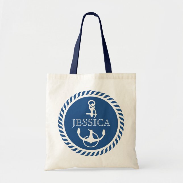Bolso De Tela Anclaje Náutico Azul Blanco Y Naval (Frente)