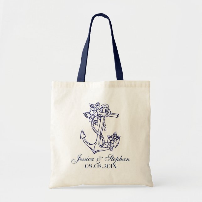 Bolso De Tela Anclaje náutico floral azul de la marina (Frente)