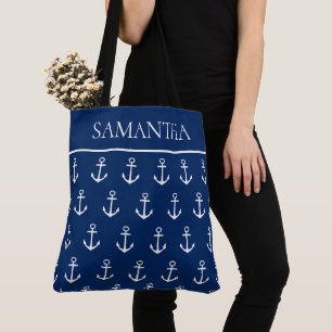 Bolso De Tela Anclas blancas en azul marino personalizadas