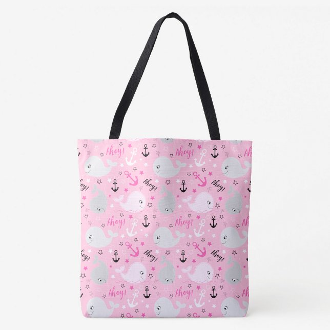 Bolso De Tela Anclas de ballenas rosas patrón oceánico náutico g (Cute Pink Whales Ahoy Tote Bag)