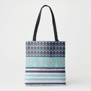 Bolso De Tela anclas y rayas náuticas y azul personalizado
