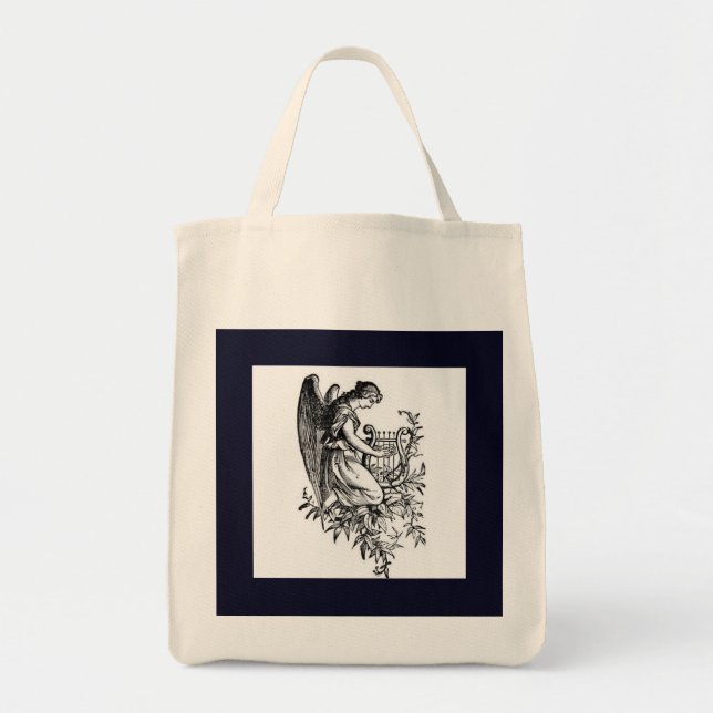 Bolso De Tela Ángel con arpa y flora (Frente)