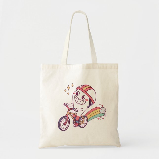 Bolso De Tela Animado personaje de caricatura en bicicleta con a (Frente)
