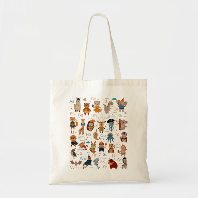 Bolso De Tela Animal alfabético con palabras para volver a la es (Frente)