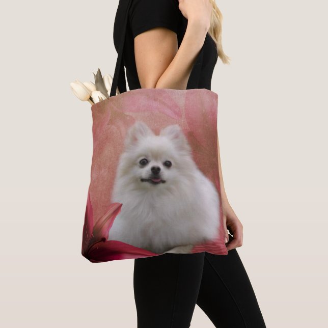 Bolso De Tela Animal de las Flores de Perro Pomerania Blanca (Detalle)