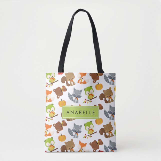 Bolso De Tela Animales de Woodland, Animales Forestales, Tu Nomb (Anverso)