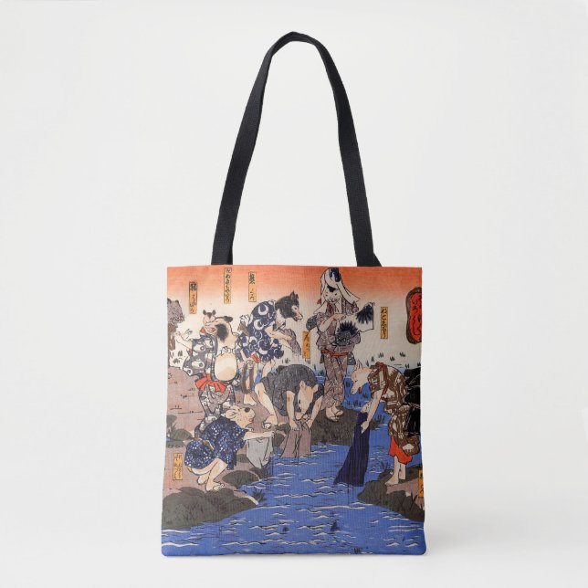 Bolso De Tela Animales japoneses lavando ropa (Anverso)