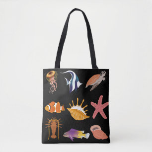 Bolso De Tela Animales marinos: peces, tortugas, conchas marinas