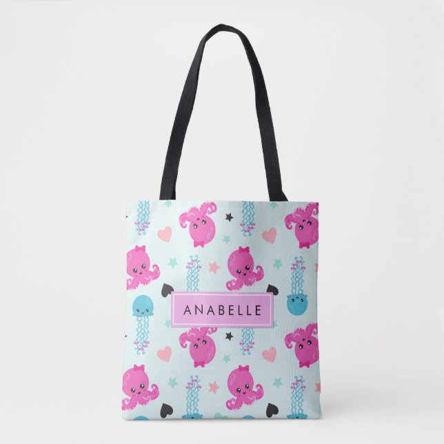 Bolso De Tela Animales marinos, pulpo, medusas, corazón, tu nomb (Anverso)