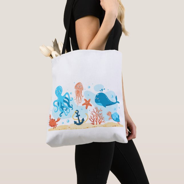 Bolso De Tela Animales oceánicos de la vida marina azul (Detalle)