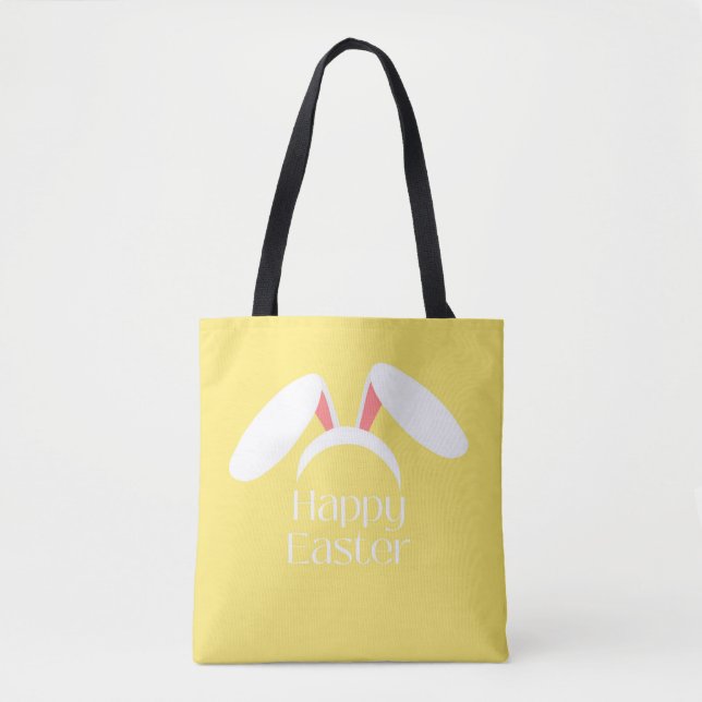 Bolso De Tela Años de conejo blanco feliz de Pascua amarillos (Anverso)