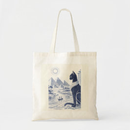 Bolso De Tela Antiguo gato egipcio Bastet y pirámides azul