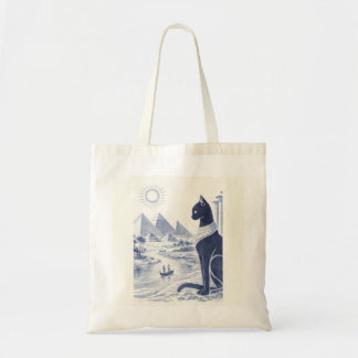 Bolso De Tela Antiguo gato egipcio Bastet y pirámides azul