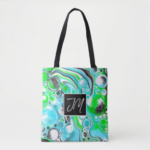 Bolso De Tela Aqua Blue and Lime Green Bubbles Marble Fluid Art