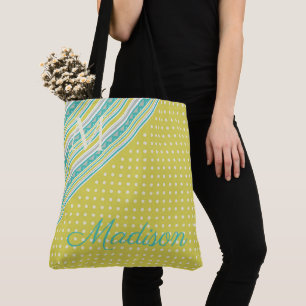 Bolso De Tela Aqua Chartreuse Trendy Dots Girly Nombre Monograma