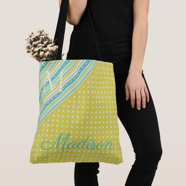 Bolso De Tela Aqua Chartreuse Trendy Dots Girly Nombre Monograma (Detalle)