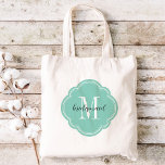 Bolso De Tela Aqua Monogram Bridesmaid Tote Bag<br><div class="desc">Bolsos de tote de la fiesta de bodas monogramada de moda personalizados con un personalizado monograma inicial, texto de la dama de honor o añadir un nombre u otro mensaje. Haga clic en Personalizar para cambiar los tipos de letra y los colores del texto y crear un regalo único para...</div>