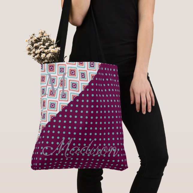 Bolso De Tela Aqua Purple Aztec Dots Trendy Girly Nombre Monogra (Detalle)
