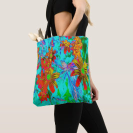 Bolso De Tela Aqua Tropical con flores amarillas y Naranjas