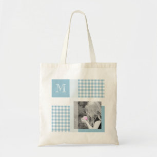 Bolso De Tela Aquamarine Añade Tu Foto Gingham Monograma Moderno