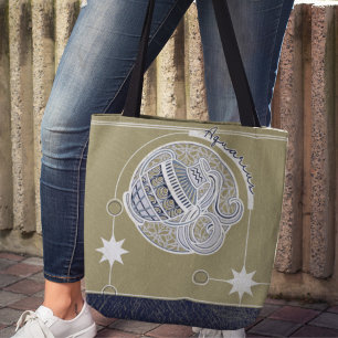 Bolso De Tela Aquarius Zodiac Rótulo Azul Beige Blanco Mandala