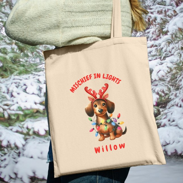 Bolso De Tela Aracula caprichosa Dachsund Luces festivas Perro (Carry festive cheer with this custom fun Dachshund dog tote bag. A perfect gift for dog lovers.)
