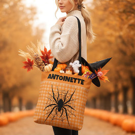 Bolso De Tela Araña de Halloween en Cuadros de Naranja con Telar