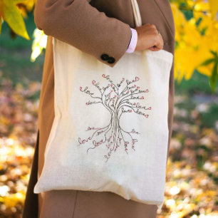 Bolso De Tela Árbol de amor de la vida Arte Corazón rojo blanco