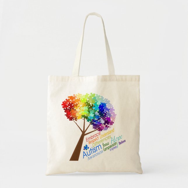 Bolso De Tela Árbol de conciencia del autismo con palabras (Frente)