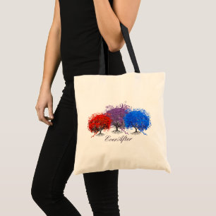 Bolso De Tela Árbol de hojas rojas púrpura y azul romántico